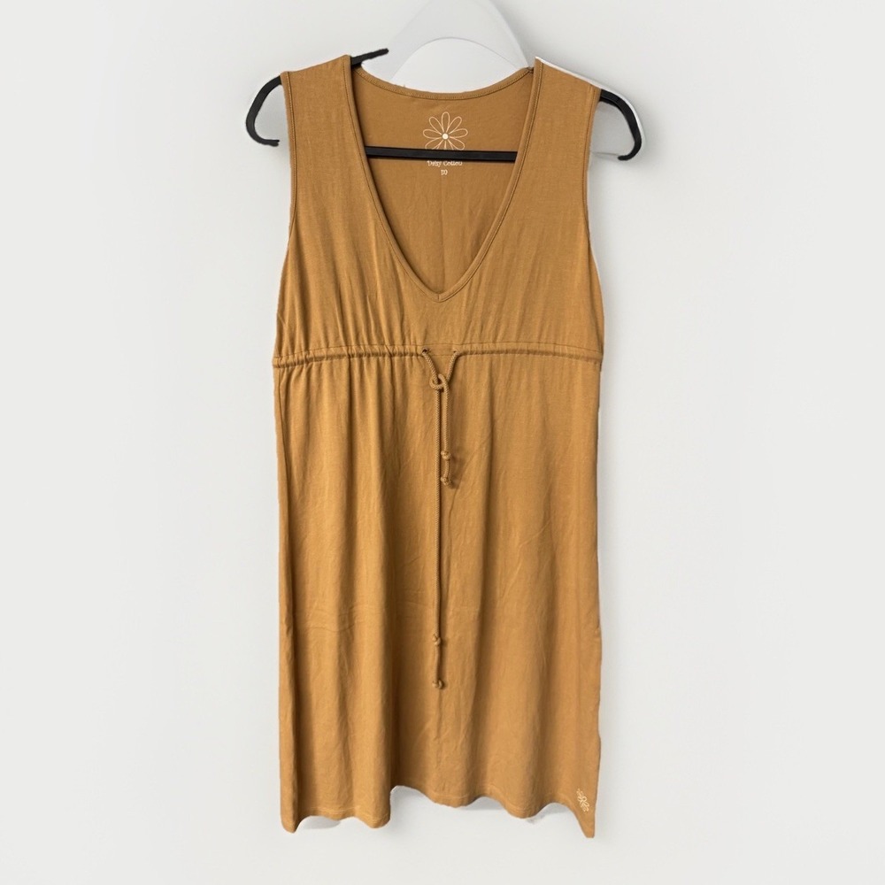 Daisy Cotton Mustard Yellow V-Neck Empire Waist Drawstring Mini Dress Womens M